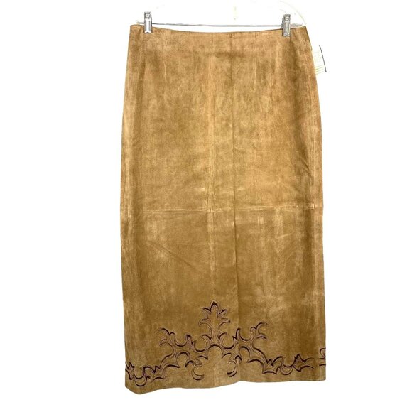VTG Womens 14 Tan Margaret Godfrey Suede Western Boho Skirt Embroidered Hem NWT - Picture 1 of 11